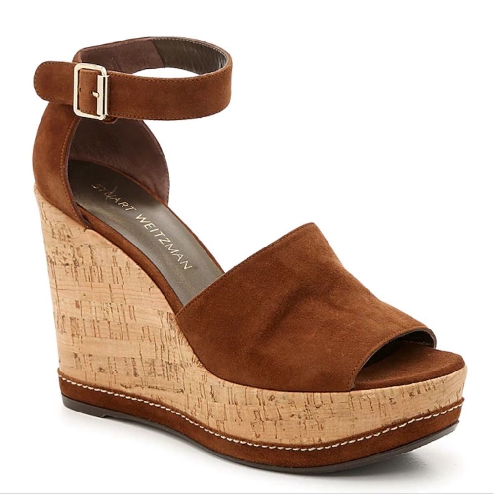 Stuart Weitzman cork brown suede wedges